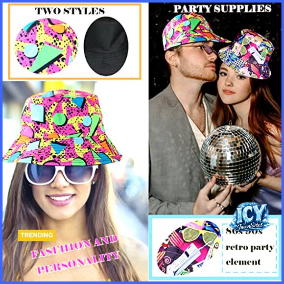 6 Pack Unisex Reversible Bucket Hats, Retro 80s 90s Vintage Print, Foldable main image 6